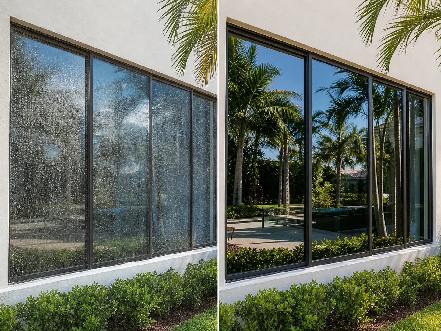 Before and after service example for exterior window cleaning at a South Florida home