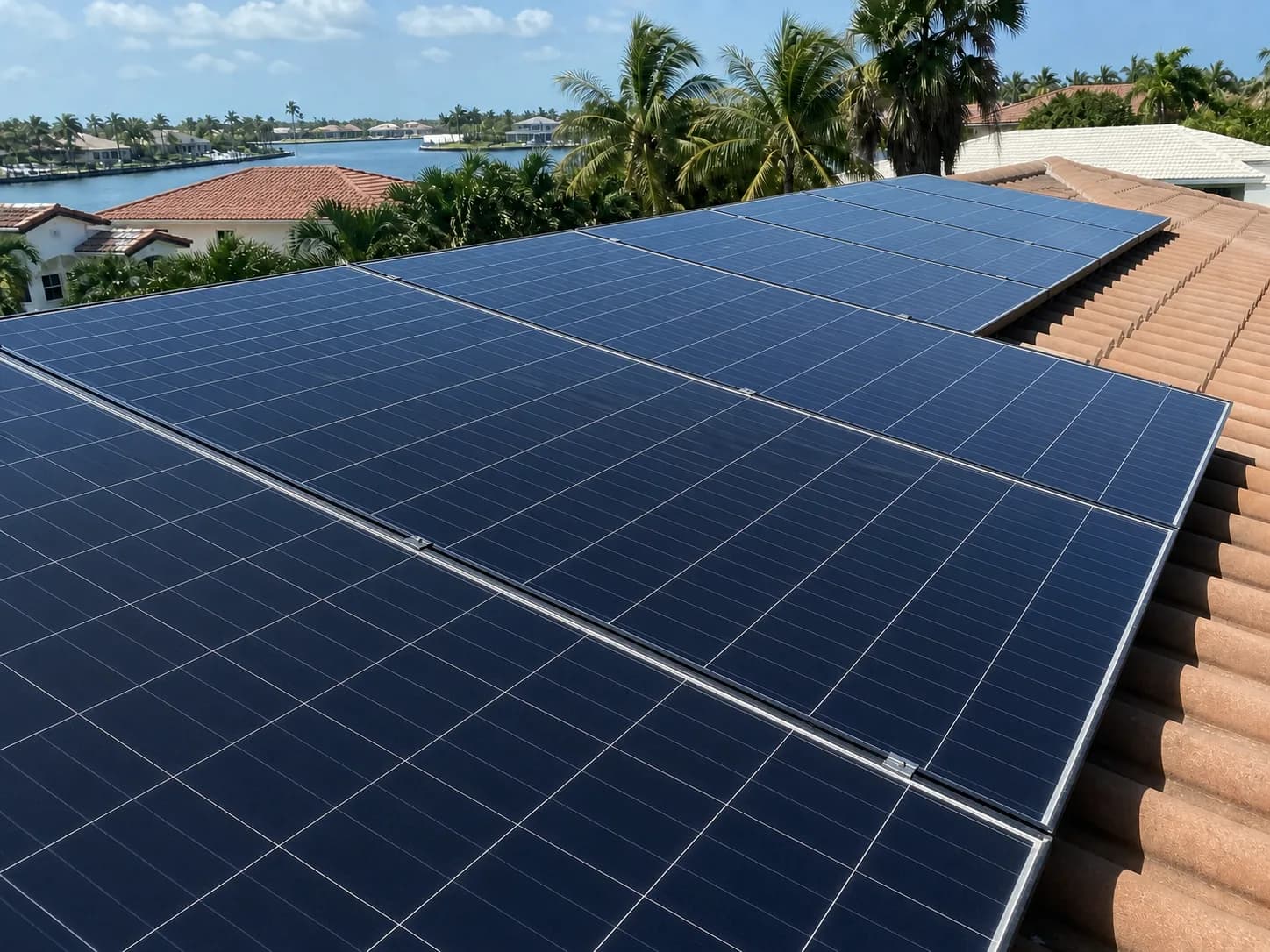 After solar panel cleaning showing clean rooftop solar panels on a South Florida home