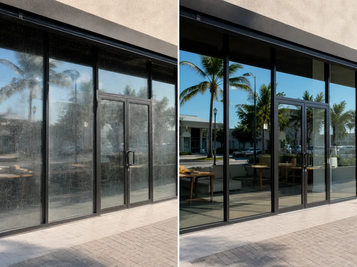 Ejemplo visual de antes y después para limpieza comercial de ventanas