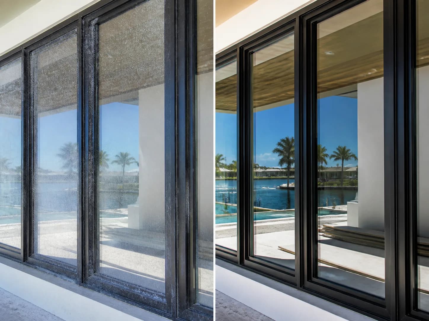 Before and after service example for salt film on hurricane impact windows