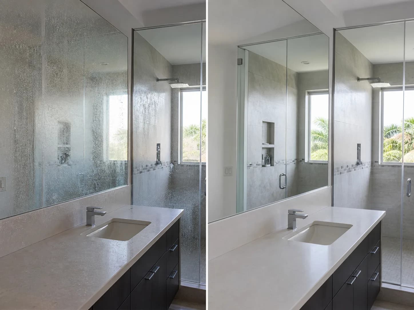 Before and after service example for mirror and shower-glass cleaning