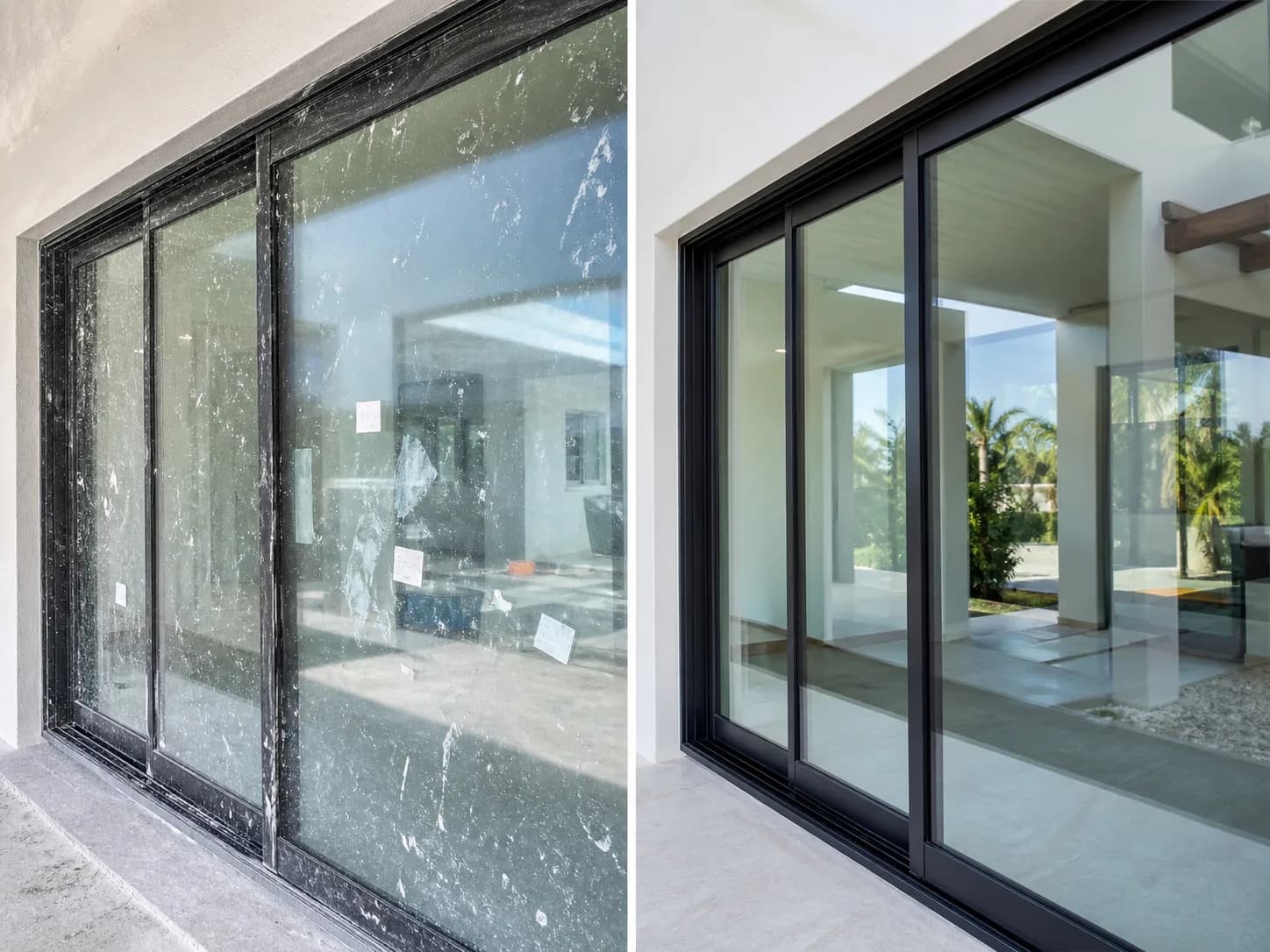 Before and after service example for post-construction glass cleaning