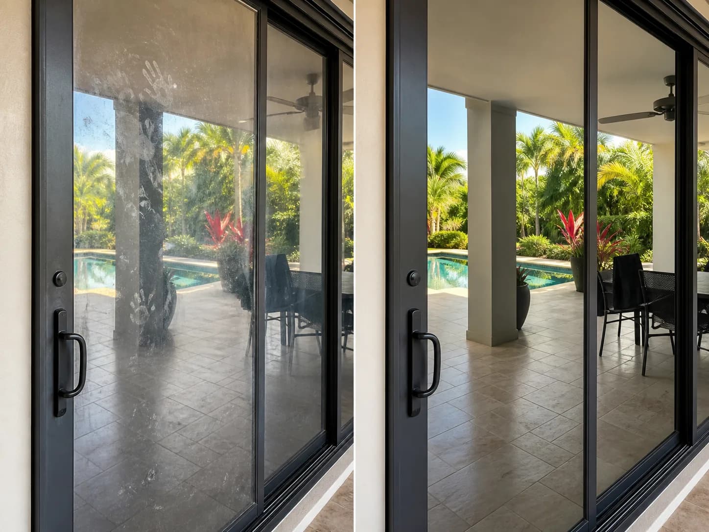 Ejemplo visual de antes y después para limpieza de puertas corredizas de vidrio