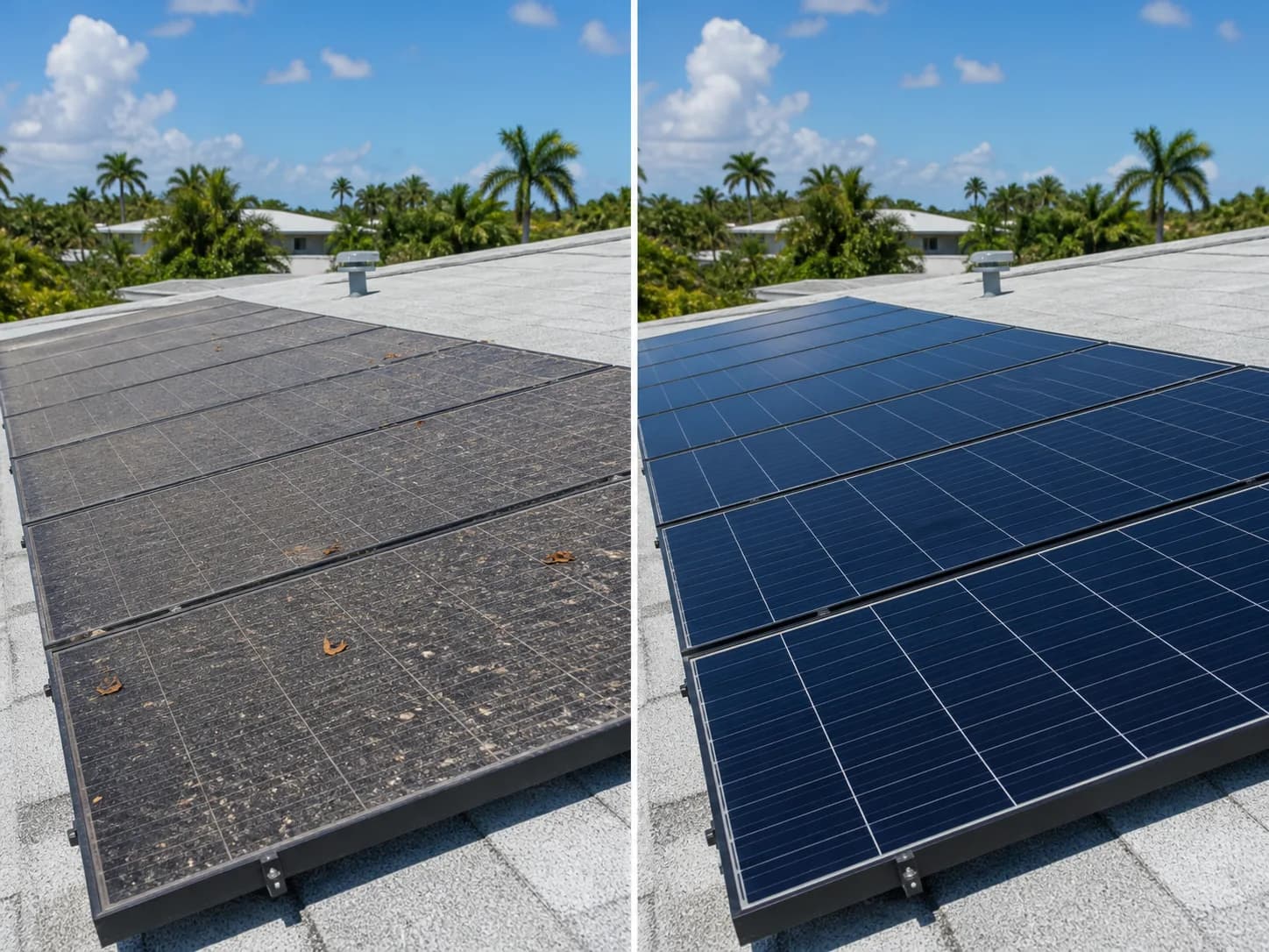 Before and after service example for solar panel cleaning