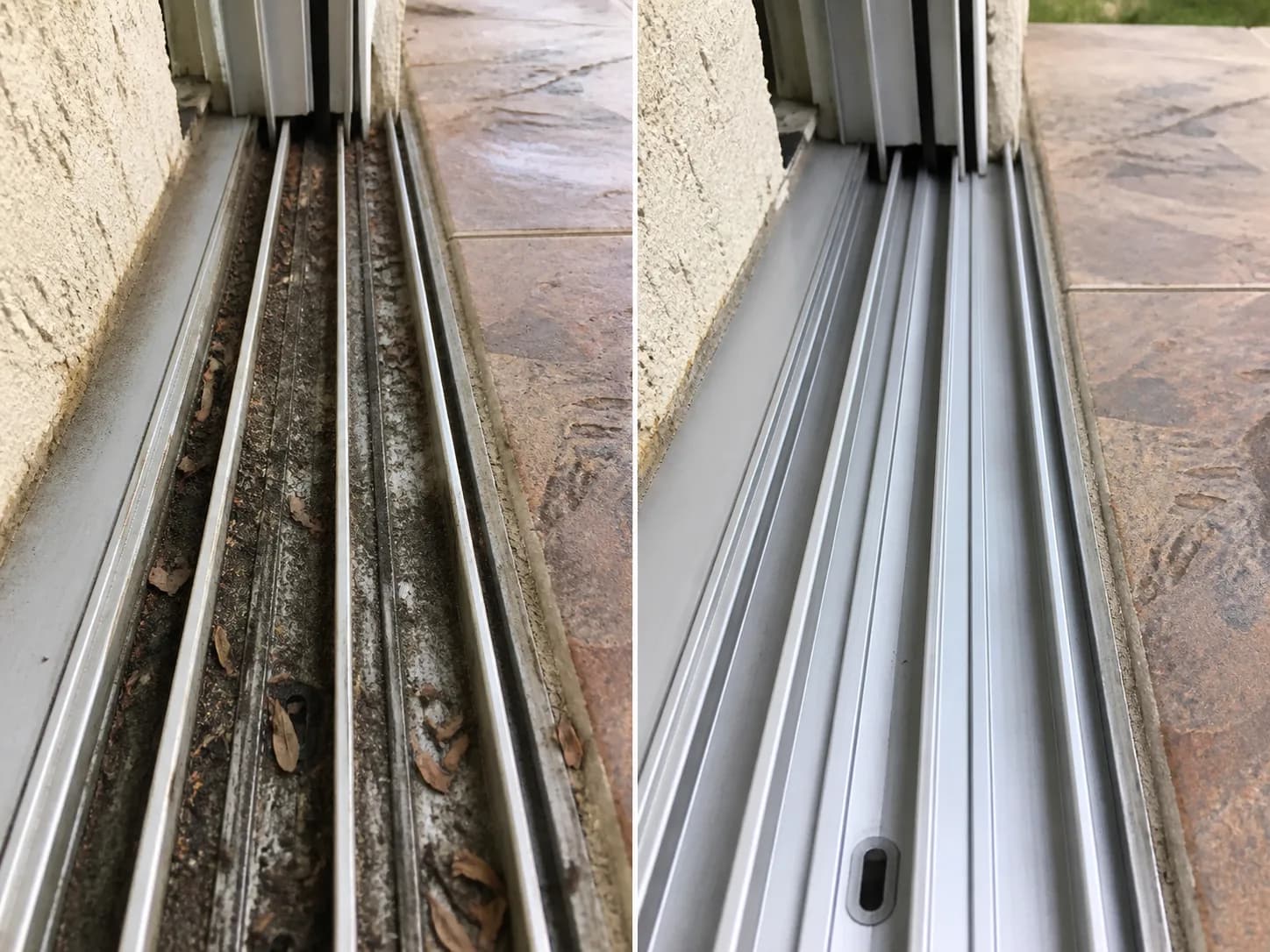 Before and after service example for sliding door track cleaning